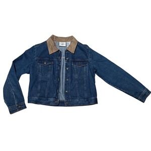 STUDIO EASE‎ Size 10 petite Womens Cropped Denim Jean Jacket Tan Collar